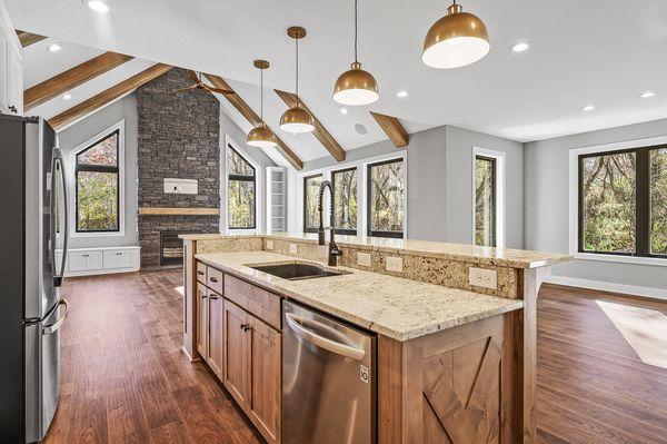 Kitchen and Great Room with fireplace