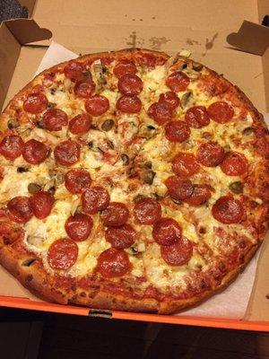 Large cheese pizza with pepperoni, mushrooms and onions-yummy!