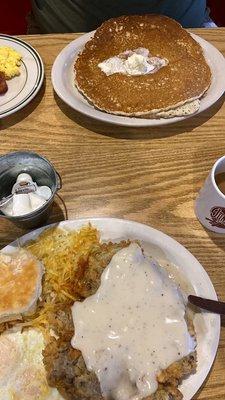 Pancake plate and chicken fried steak breakfast