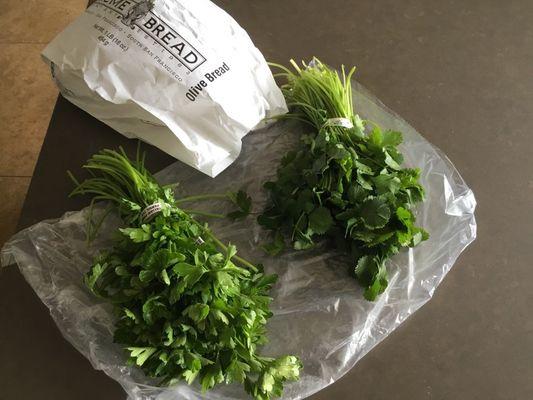 Acme Olive Bread ($7.99!), parsley and cilantro both under $1.50 each.  Very fresh, too.