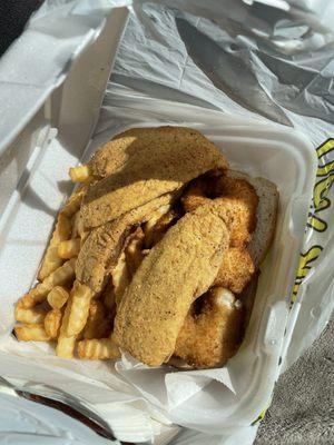 Flounder, shrimp and fries.