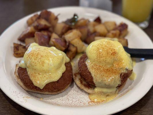 Crab Benedict and mixed roasted potatoes