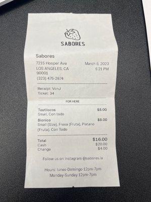 Receipt for a bionico and tostilocos