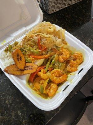 Curry Shrimp, Fried Plantains, rice, cabbage