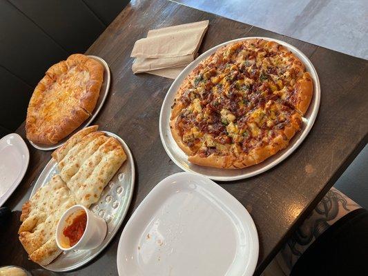 Stuffed crust cheese pizza, cheesy garlic bread & bbq chicken pizza.