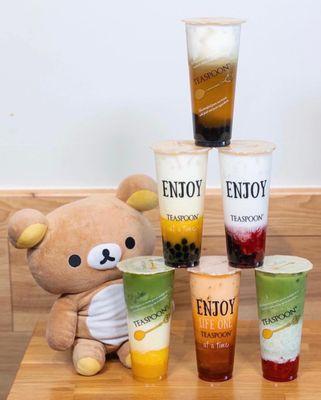 Golden Cloud with boba, Silky Mango with boba, Silky Strawberry with boba, Mango Matcha Royale, Thai Tea, and Strawberry Matcha Royale