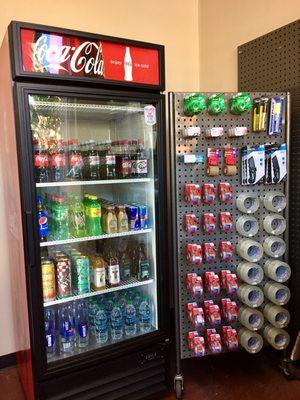 Our new refrigerator (and lots of tape)! Come by for refreshments like soda, water, chilled coffee drinks, RedBull, Arizona tea, and more.