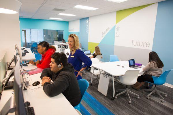 Newly renovated resource center with different furnishings, collaborative and independent study spaces, and the latest technology.