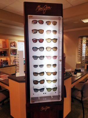 Display Case of our Woman Maui Jim's. Able to put your glasses RX into any Maui's!