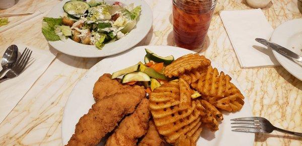 Chicken Tenders with fancy fries and salad