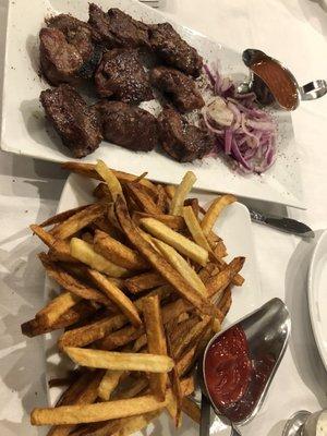 Two Lamb Kebabs and French Fries