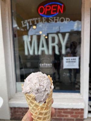 Single scoop of Taro Blueberry in a waffle cone.