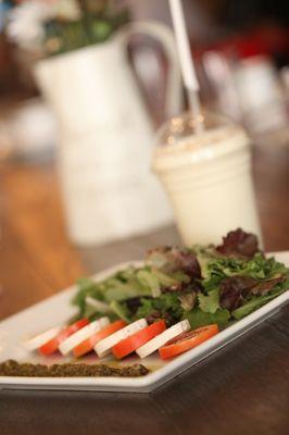 Caprese salad and Pineapple Coconut smoothie