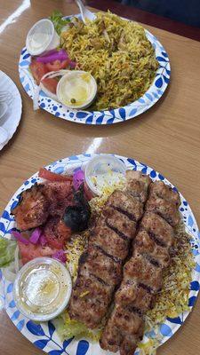 Biriyani (on top) and chicken kebabs (#20)