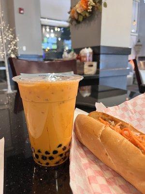 Thai tea and #M5 Lemongrass Chicken Banh Mi