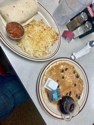 Burrito and blueberry pancake