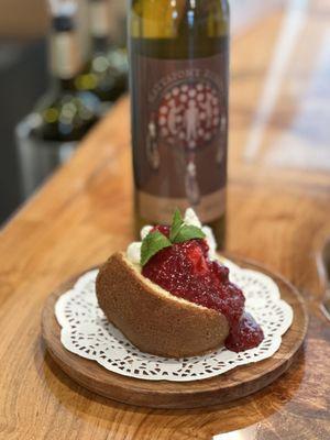 Pound cake with fruit and wine.