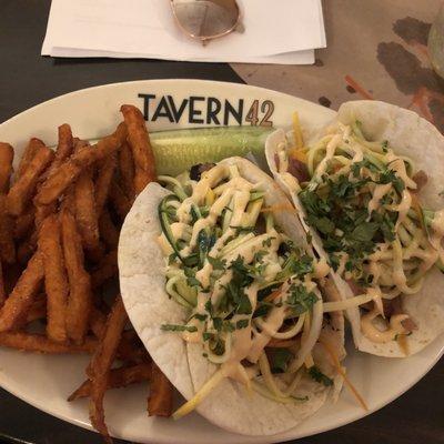 Blackened tuna tacos with side of sweet potato fries