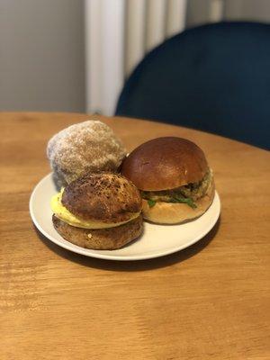 Pepper Biscuit ($5.60), Egg & Feta ($5.60), Apple Cider Donut Muffin ($2.80)