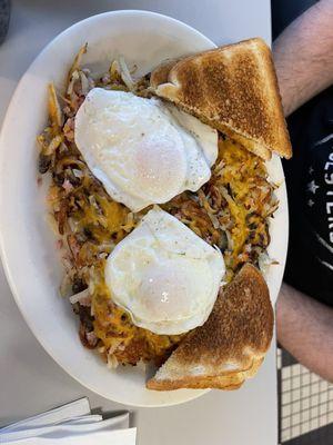 Gypsy Skillet with eggs over easy and buttered toast