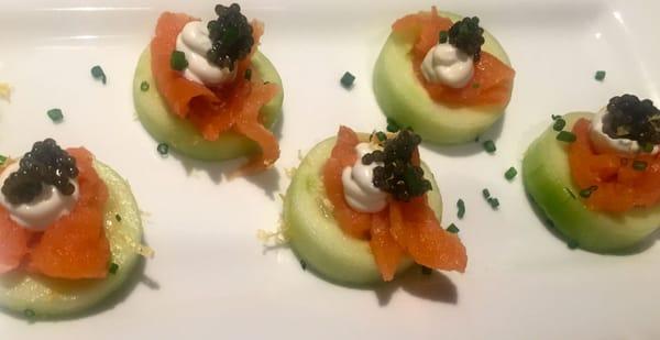 Cold Smoked Salmon with Osetra Caviar, Creme Fraiche on Fresh Cucumber Chip