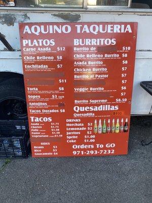 Aquino Taqueria menu