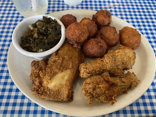 Fried chicken 3 pieces with hushpuppies and collard green