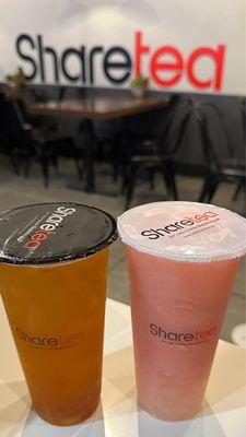 Hawaii Fruit Tea w/ Aiyu Jelly (left) and Strawberry Ice Blended w/ Lychee & Ice Cream (right)