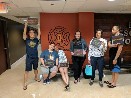 We, Team Bad Math, successfully solved Big Escape Rooms' most difficult room, Outbreak, in 58:12 (1:48 left on the clock) on 4/27/2017.