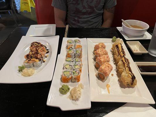 Volcano Roll, Cali rolls, crazy spicy roll, and I forgot the last one