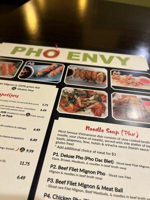 Pho Envy Menu