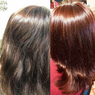 Before and after. Weave service- extra red hi-lights and dark low-lights.