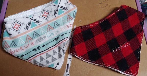 The bandanna bibs have become very popular. I am able to personalize each one.