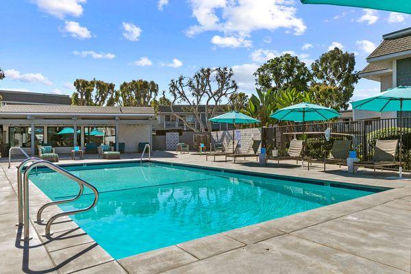 Sparkling pool and spa with spacious sun deck