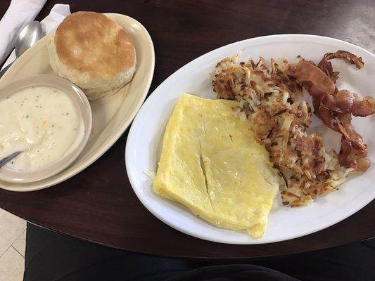 2 eggs, hashbrowns, biscuits + gravy and bacon