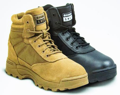 S.W.A.T. Original tactical shoes and boots. Light weight, comfortable, and in steel toe. Easy slip on and off, for hands-free  ease