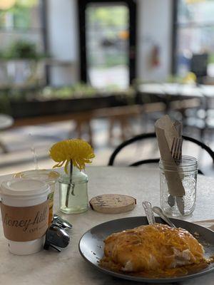 Breakfast burrito, cappuccino, and freshly squeezed orange juice!