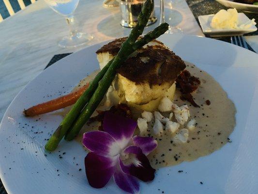 Pan seared black grouper with blue crab.