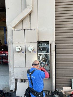 Commercial Emergency Services to replace test blocks and rewire meter and restore power.