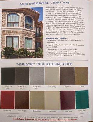 ThermaCoat Solar reflective Colors. We are an authorized Anlin dealer call us for a free estimate (888) 549-3646