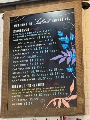 Coffee menu