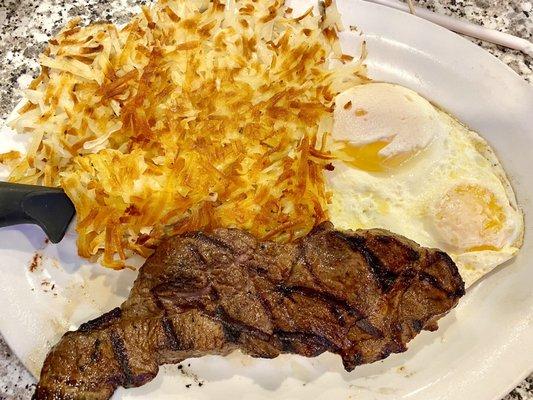 6 oz NY steak,  2 eggs, hash browns  and with toast NY Steak and Eggs NY Steak and Eggs NY Steak and Eggs