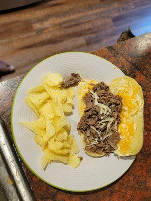 Kids lunch, Philly cheese steak with Plain Ruffles.