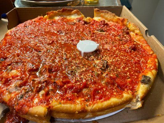 Deep dish, Chicago style, pizza, in Chesapeake, Virginia.