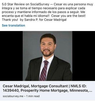 5.0 Star Review on SocialSurvey -- Cesar Madrigal from Sandra P.