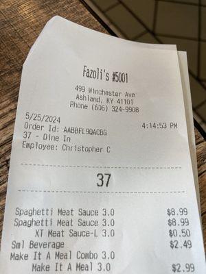 Recipe showing where I ordered extra meat sauce for my spaghetti