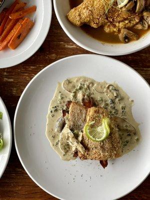 Pumpkin Seed-Crusted Sunburst Trout, Shiitake-Poblano Cream, Chile-Dusted Fried Sweet Potato.