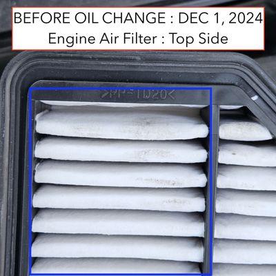 Before oil change (Dec 1, 2024). Engine Air Filter top side, close up.