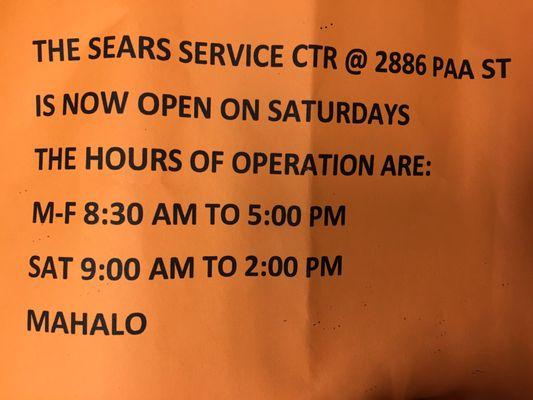 Hours as of 3/5/2018. Now open Saturdays