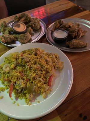 Crab rice, lemon pepper wings and fried broccoli.